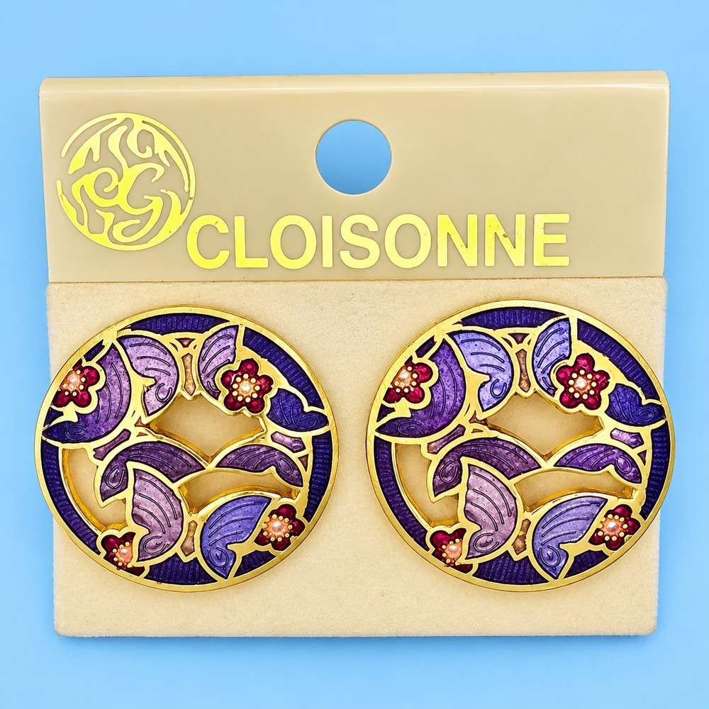 Vintage Cloisonne Butterfly Clip On Earrings Purple Enamel Gold Tone 1.25" -3578